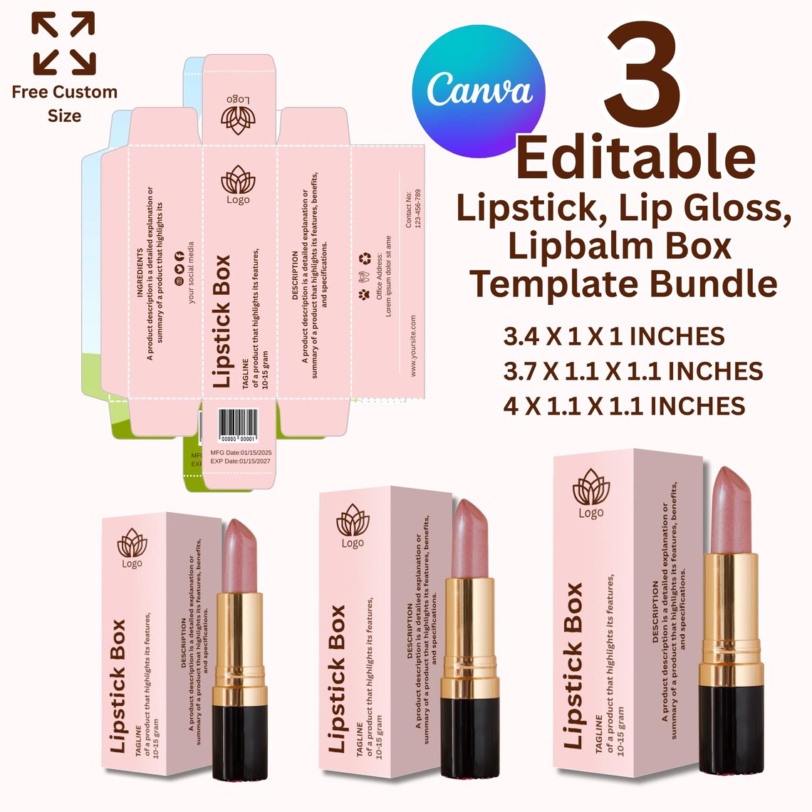 Editable Lipstick Packaging Box Template for Canva, Custom Lip Gloss ...