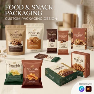 May include: A collection of Nourish Snacks food packaging featuring various pouches, boxes, and chocolate bars in shades of brown, cream, and dark green. The text reads FOOD & SNACK PACKAGING CUSTOM PACKAGING DESIGN and Nourish Snacks.