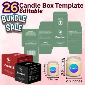 May include: A candle box template with the text "26 Candle Box Template Editable" and "Bundle Sale". The image shows a red and black candle box, a green box template, and two candles. The candles are 5 cm and 9 cm tall.