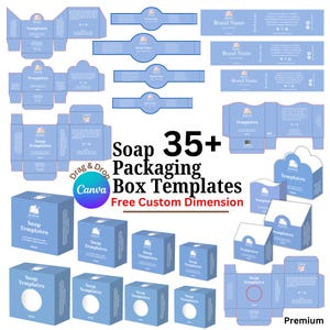 Peut inclure: Divers modèles de boîtes d'emballage de savon bleu clair. L'image présente des boîtes assemblées, des modèles à plat et des étiquettes. Le texte indique "Soap 35+ Packaging Box Templates" et "Free Custom Dimension."