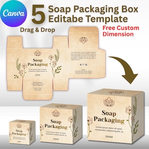 Könnte beinhalten: Eine digitale Vorlage für eine Seifenverpackung mit hellbrauner Kraftpapier-Textur, einem Lotusblüten-Symbol und floralen Illustrationen. Das Design enthält Textfelder für Soap Packaging, Lorem ipsum und Gram, dargestellt als flaches Layout.