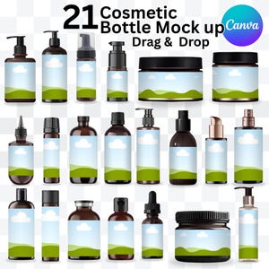 Könnte beinhalten: Eine Sammlung von 21 Kosmetikflaschen-Mockups in verschiedenen Formen und Größen. Die Flaschen sind braun und klar, mit schwarzen oder goldenen Verschlüssen. Jede Flasche hat ein Etikett mit einem Himmel- und Gras-Design. Der Text "Cosmetic Bottle Mock up" ist sichtbar.