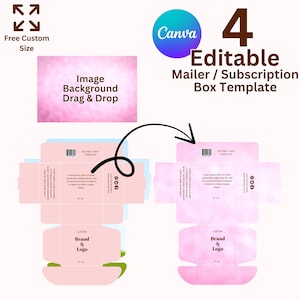 May include: Pink mailer box template with a watercolor effect, featuring the Canva logo and the text "4 Editable Mailer/Subscription Box Template." Includes a design for the box with space for a brand logo.