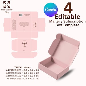 May include: A light pink mailer box template with the Canva logo and the text "4 Editable Mailer / Subscription Box Template." The image also shows the box dimensions in inches for A1, A2, A3, and A4 paper sizes. The box is open, revealing its interior.
