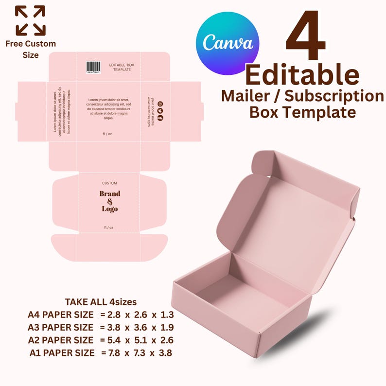 May include: A light pink mailer box template with the Canva logo and the text "4 Editable Mailer / Subscription Box Template." The image also shows the box dimensions in inches for A1, A2, A3, and A4 paper sizes. The box is open, revealing its interior.