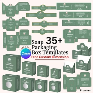 Paquete de empaques premium para jabón, más de 35 plantillas editables para cajas de jabón en Canva, envoltorios para jabón, cajas con ventana, plantillas troqueladas para fundas.