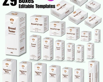 May include: An assortment of 29 white cosmetic boxes with editable templates. The boxes are labeled with "Brand Name", "Brand & Logo", and "Sprayer Box". The text "Essential Oil" and "Lipstick Box" are also visible. The Canva logo is in the top right corner.