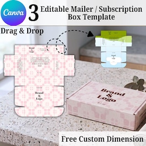 May include: A digital template for three editable mailer or subscription boxes featuring a pink geometric pattern, placeholder text, and a Brand & Logo section. The set includes a flat layout and a folded box example with custom dimensions.