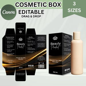 Plantillas editables de cajas de cosméticos para Canva, plantillas de cajas de embalaje personalizadas, cajas para productos de cuidado de la piel y belleza, plantillas de cajas para lociones y tónicos