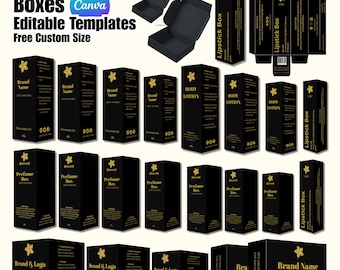 Plantilla editable de caja de empaque para cosméticos en Canva, diseño personalizado de empaque para productos de cuidado de la piel, cajas para productos de belleza para marcas comerciales, caja para cosméticos.