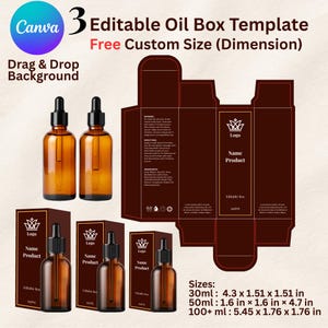 May include: Image of brown glass oil bottles with black droppers and an oil box template. The template features a logo and space for product name. Text includes "Editable Oil Box Template" and "Free Custom Size (Dimension)". Sizes are listed in inches.