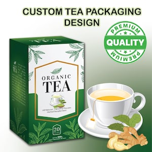 May include: A green and white box of organic tea with a cup of tea and ginger root on a green background. The box has the words "Organic Tea" and "All Natural Flavoring Process Herbal Supplement" on it. The box also has a picture of a tea bag and the words "20 Tea Bags" and "Net Wt 100g".