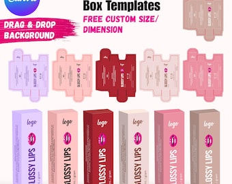 May include: An image showcasing lipstick and lip gloss box templates in various colors, including pink, red, and beige. The boxes feature the text "GLOSSY LIPS" and "ml/gram". The image also displays box designs with the text "FREE CUSTOM SIZE/ DIMENSION".
