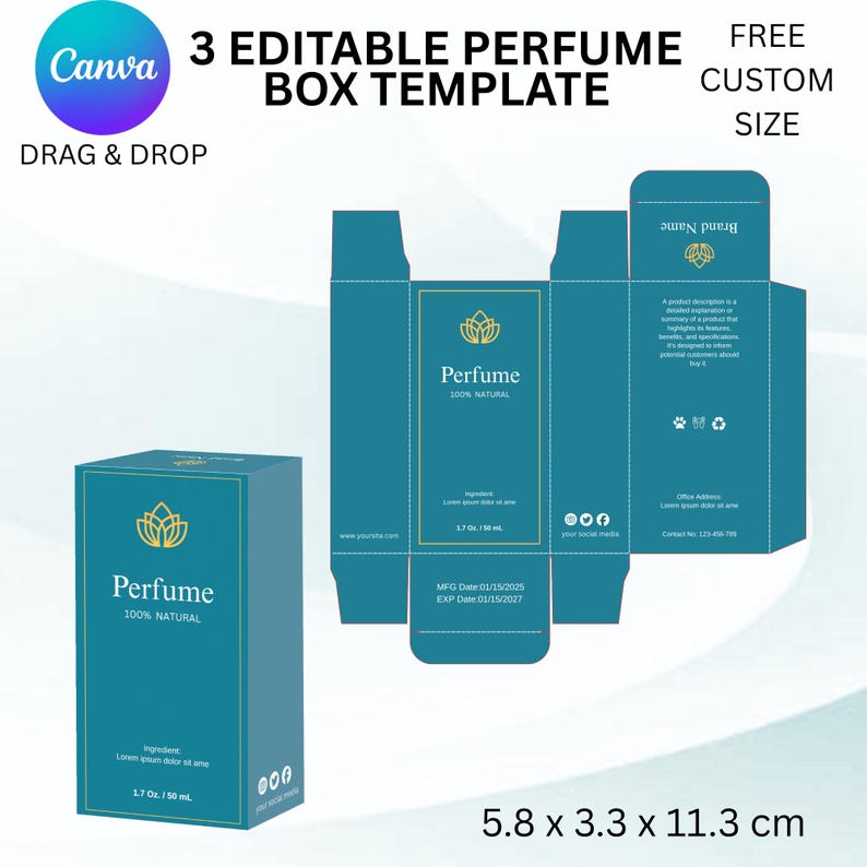 May include: A teal perfume box template with gold accents, featuring the text "Perfume 100% Natural." The design includes a box and a flat template, with dimensions of 5.8 x 3.3 x 11.3 cm. The design also includes the text "3 EDITABLE PERFUME BOX TEMPLATE."