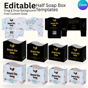 May include: Image of editable half soap box templates. The designs include floral patterns and the text "Beauty Bar Soap". The boxes are in various stages of assembly, with black and white color schemes.