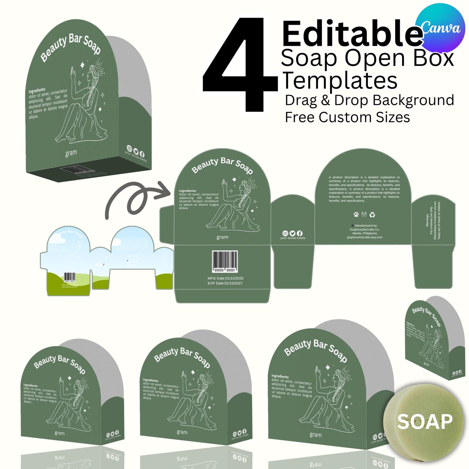 Editable Half Soap Box Template for Canva, Custom Soap Box Design ...