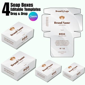 Puede incluir: Cajas de jabón blancas con un logotipo y texto marrón. Las cajas están etiquetadas como "Brand Name" y "100% Natural". La imagen también muestra una plantilla plana del diseño de la caja. El texto incluye "Soap Boxes Editable Templates Drag & Drop Canva".