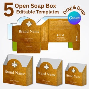 Puede incluir: Imagen que muestra cinco plantillas de cajas de jabón abiertas. Las cajas son marrones con detalles florales blancos y el texto "Brand Name" y "100% Natural Gram". La imagen también incluye el texto "Open Soap Box Editable Templates" y "Drag & Drop Canva".