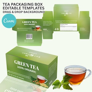 May include: A green tea box with the text "Green Tea 100% Organic" and a cup of tea. The box design includes a diagram of the packaging and a cup of tea with tea leaves. The net weight is 9 oz (25 grams).