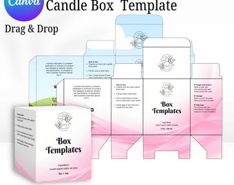 May include: A template for an editable cosmetic and candle box. The design features a white box with pink accents and the words "Box Templates." The image includes instructions and a Canva logo.