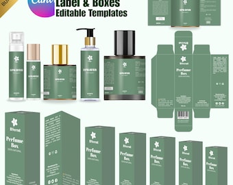 Bewerkbare sjablonen voor parfumlabels en doos, sjabloon voor canvasdoos voor spuitproducten, aangepaste parfumverpakkingsontwerpset, doe-het-zelfdoosontwerp