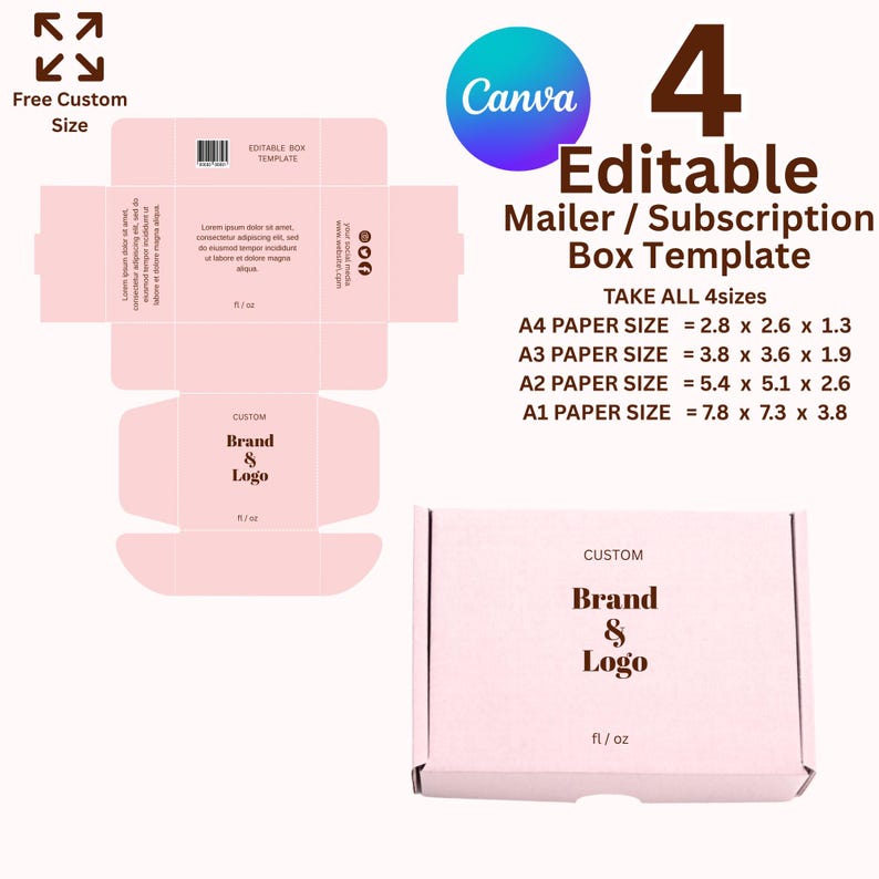May include: A pink editable mailer/subscription box template with the Canva logo. The template includes the box design and dimensions for A4, A3, A2, and A1 paper sizes, ranging from 2.8 x 2.6 x 1.3 inches to 7.8 x 7.3 x 3.8 inches.