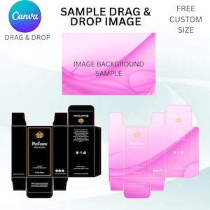 May include: An image showcasing perfume packaging design templates. One template is black with gold accents, the other is pink with gold accents. Both feature the word "Perfume" and other design elements.
