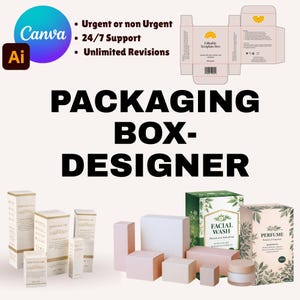 May include: Image showcasing various packaging box designs, including cosmetic and essential oil boxes. The text "PACKAGING BOX-DESIGNER" is prominently displayed. Additional text includes "Urgent or non Urgent," "24/7 Support," and "Unlimited Revisions."