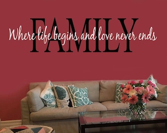 Home Wall Decal Family Where Life Begins Love Never Ends 48 x 10, Vinyl Wall Lettering for Families, Home Decor Wall Words, Family Gift