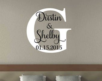 Custom Wall Decal Save the Date Monogram, Romantic Personalized Name and Initial Vinyl Wall Lettering, Wedding Anniversary Gift for Couples