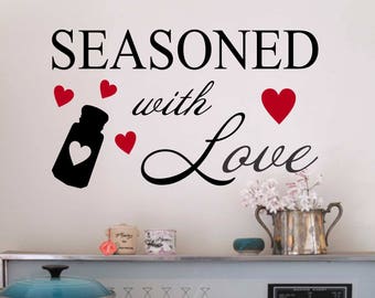 Kitchen Wall Decal Seasoned with Love Hearts, Farmhouse Vinyl Wall Lettering, Whimsical Home Kitchen Decoration, Gift for Cooking Enthusiast