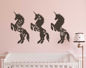 Girl Bedroom Wall Decal Set of 3 Magical Unicorns, Princess Theme Vinyl Wall Lettering, Whimsical Nursery Playroom Wall Decor, Gift for Girl