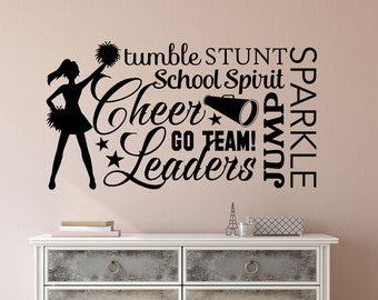 Sports Wall Decal Cheerleader Word Collage, Girl Bedroom Vinyl Wall Lettering, Cheer Leading Dorm Room Decor, Christmas Gift for Teen Girl