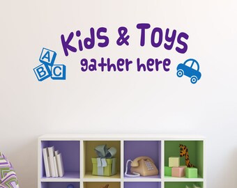 Playroom Wall Decal Kids and Toys Gather Here, Kids Bedroom Vinyl Lettering, Transportation Themed Wall Decoration, Birthday Gift for Kids