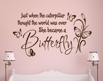 Girl Bedroom Wall Decal She became a Butterfly, Nursery Vinyl Wall Lettering, Motivational Teen Dorm Room Decor, Gift for Kids Girls Teens