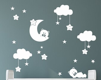 Nursery Wall Decal Sleepy Bears Moon Clouds Stars, Farmhouse Vinyl Wall Lettering for Kids, Whimsical Playroom Wall Art, Gift for Baby