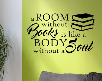 Library Wall Decal A Room without Books, Book Lovers Home Wall Decoration, Vinyl Wall Lettering Reading Class Quotes, Gift for Librarian