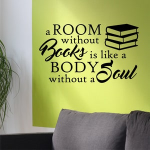 Library Wall Decal A Room without Books, Book Lovers Home Wall Decoration, Vinyl Wall Lettering Reading Class Quotes, Gift for Librarian