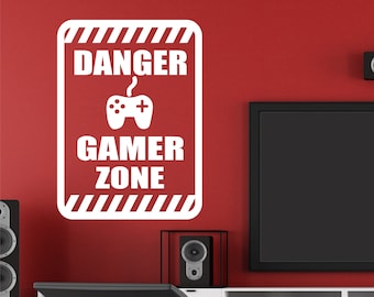 Video Game Wall Decal Danger Gamer Zone, Geeky Vinyl Lettering for Teens or Nerds, Dorm Room Wall Decoration, Wall Words for Teen Bedroom