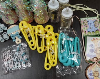 Lot of Baby Shower Decorations, Baby Party Accessories, Balloon Arrangement Weights, Plastic Bottles and Diaper Pins