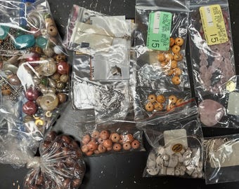 1 LB Lot of Beads for Jewelry Making, Assorted Findings, Rose Quartz Heart Beads, Craft Supply Liquidation, Wooden and Stone Beads
