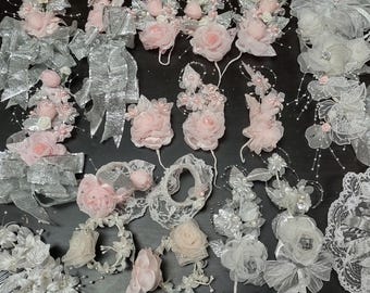 Used Lot Artificial Flowers, Wedding Corsage Supplies, Hair Bow Making Pieces, Pink Silver White Accessories, Ribbon Roses, Floral Sprays