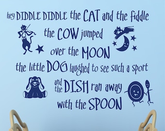 Playroom Wall Decal Hey Diddle Diddle Set, Nursery Rhyme Vinyl Wall Lettering, Kids Bedroom Nursery Rhyme Quote, Newborn Baby Shower Gift