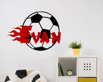 Sports Wall Decal Flaming Soccer Ball Name, Vinyl Wall Lettering Custom Kids Name, Soccer Bedroom Wall Decor, Sport Theme Game Room Decal