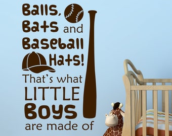 Nursery Wall Decal Balls Bats Baseball Hats Little Boys Made Of, Baseball Bedroom Vinyl Lettering, Sports Themed Playroom Decoration