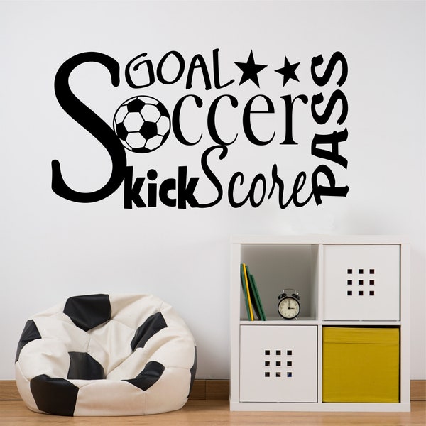 Sports Wall Decal Soccer Word Collage, Kids Bedroom Vinyl Wall Lettering, Sport Game Room or Dorm Decoration, Christmas Gift for Teen Boy