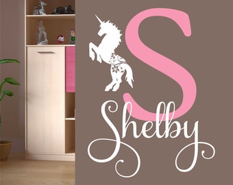 Custom Nursery Wall Decal Unicorn Name and Initial, Girl Bedroom Vinyl Wall Lettering, Personalized Playroom Decor, Custom Gift for Girl
