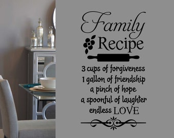 Kitchen Wall Decal Family Recipe, Farmhouse Family Vinyl Wall Lettering, Whimsical Decoration for Home Kitchen, Gift for Housewarming or Her