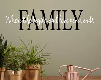 Home Wall Decal Family Where Life Begins Love Never Ends 30 x 7, Vinyl Wall Lettering for Families, Home Decor Wall Words, Family Gift