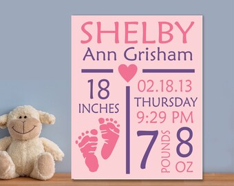 Nursery Painted Canvas Baby Girl Birth Announcement, Hand Painted Birth Signs, Custom Painted Nursery Wall Art, Baby Shower Gift